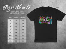 Load image into Gallery viewer, Size chart for Next Level 3600 unisex cotton t-shirt with size, width, and length measurements.