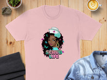 Load image into Gallery viewer, Pink t-shirt with cartoon nurse and "Scrub Life" text.