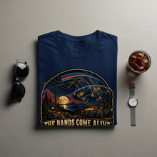 Load image into Gallery viewer, Navy t-shirt with graphic of radio, Earth, and signal lines, reads "The Bands Come Alive."
