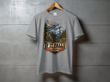 Load image into Gallery viewer, Grey t-shirt with graphic depicting a person in a camping chair with radio equipment and mountains.