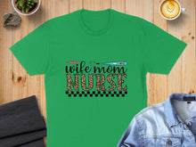 Load image into Gallery viewer, Green t-shirt with "Wife Mom Nurse" in leopard print and medical icons.