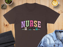 Load image into Gallery viewer, Brown t-shirt with colorful "NURSE LIFE" text and medical icons.