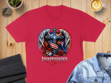 Load image into Gallery viewer, Red t-shirt with patriotic cross and wings design.