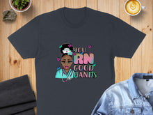 Load image into Gallery viewer, Dark grey t-shirt with "RN GOOD HANDS" text and nurse illustration.