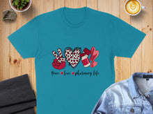 Load image into Gallery viewer, Teal t-shirt with leopard print peace sign, heart, and pills; reads "Peace ❤ Pharmacy Life".