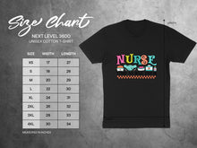 Load image into Gallery viewer, Unisex cotton t-shirt size chart with measurements and nurse graphic.
