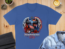 Load image into Gallery viewer, T-shirt with patriotic cross, wings, roses, and "Independence Day" text.