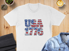 Load image into Gallery viewer, White t-shirt with "USA 1776" in a patriotic, star-spangled distressed font.