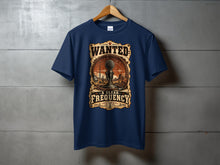 Load image into Gallery viewer, Navy t-shirt with "Wanted: A Clear Frequency" graphic featuring a vintage microphone.