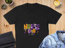 Load image into Gallery viewer, Black t-shirt with "NURSE" text in colorful Halloween-themed font and graphics.