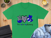 Load image into Gallery viewer, Green t-shirt with "Peace love pharmacy" and pharmacy symbols.