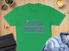 Load image into Gallery viewer, Green t-shirt with "SCHOOL NURSE" text and a bandage icon.