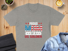 Load image into Gallery viewer, Proud Mom of a US Soldier text with American flag on gray t-shirt.