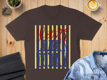 Load image into Gallery viewer, Brown t-shirt with "let's lean in today" text design in blue and red.