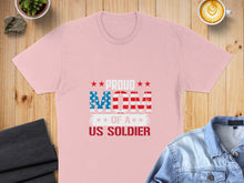 Load image into Gallery viewer, Pink t-shirt with "Proud Mom of a US Soldier" text in red, white, and blue.