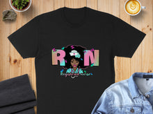Load image into Gallery viewer, Black t-shirt with "RN Registered Nurse" text and a graphic of a nurse.