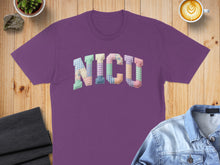 Load image into Gallery viewer, Purple t-shirt with "NICU" spelled out in colorful patchwork fabric letters.