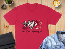 Load image into Gallery viewer, Red t-shirt with "Peace Love Pharmacy" text and leopard print heart.