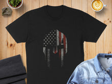 Load image into Gallery viewer, Black t-shirt with distressed American flag Spartan helmet graphic.