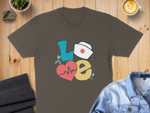 Load image into Gallery viewer, Brown t-shirt with "LOVE" text and nurse-themed graphics.