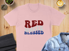 Load image into Gallery viewer, Pink t-shirt with "RED WHITE BLESSED" text in patriotic colors.