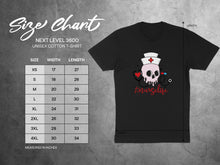 Load image into Gallery viewer, Size chart and graphic of a skull with stethoscope and "#nurselife" text.
