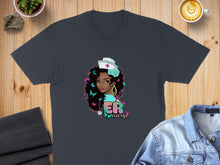 Load image into Gallery viewer, Dark gray t-shirt with colorful ER Nurse graphic featuring a woman and butterflies.