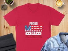 Load image into Gallery viewer, Red t-shirt with "Proud Mom of a US Soldier" in patriotic font.
