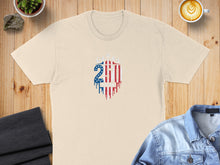 Load image into Gallery viewer, Cream t-shirt with red, white, and blue "250" emblem, dates "1776-2026".