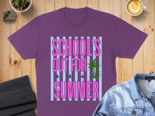 Load image into Gallery viewer, Purple t-shirt with "School's Out For Summer" text and palm tree graphic.