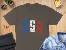 Load image into Gallery viewer, Brown t-shirt with distressed USA flag stars and stripes design.