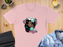 Load image into Gallery viewer, Pink t-shirt with "Black Nurse Magic" text and graphic of a nurse.