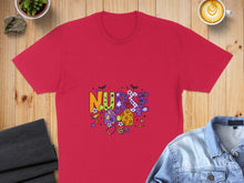 Load image into Gallery viewer, Red t-shirt with colorful "Nurse" Halloween graphic and bats.