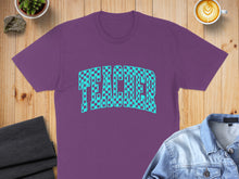 Load image into Gallery viewer, Purple t-shirt with "TEACHER" text in a checkerboard pattern.