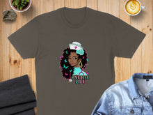 Load image into Gallery viewer, Brown t-shirt with #NurseLife graphic featuring a woman in uniform surrounded by butterflies.