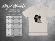 Load image into Gallery viewer, Next Level 3600 unisex cotton t-shirt size chart with measurements.