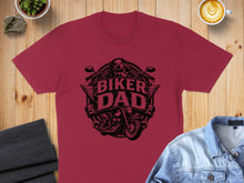 Load image into Gallery viewer, Biker Dad graphic on a maroon t-shirt with motorcycle and helmet design.