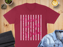 Load image into Gallery viewer, Burgundy t-shirt with pink stripes and text "Teacher Off Duty".