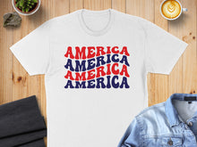 Load image into Gallery viewer, White t-shirt with "AMERICA AMERICA AMERICA" text in red and blue.