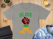 Load image into Gallery viewer, Gray t-shirt with "BLACK LIVES MATTER" fist graphic and colorful stripes.