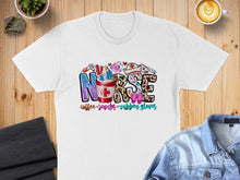 Load image into Gallery viewer, White t-shirt with colorful "Nurse" text and medical/coffee icons.