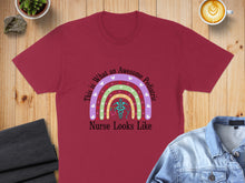 Load image into Gallery viewer, Burgundy t-shirt with a rainbow graphic and text "This Is What An Awesome Pediatric Nurse Looks Like".