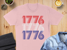 Load image into Gallery viewer, Pink t-shirt with "1776" in red, white, and blue stripes.