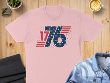 Load image into Gallery viewer, Pink t-shirt with distressed "1776" graphic and red and blue stars.