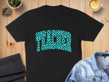 Load image into Gallery viewer, Black t-shirt with "TEACHER" in a blue checkered pattern.