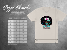 Load image into Gallery viewer, Next Level 3600 unisex cotton t-shirt size chart with nurse graphic.