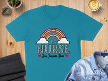 Load image into Gallery viewer, Teal t-shirt with rainbow, stethoscope, and "Nurse Love Inspire Heal" text.
