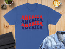 Load image into Gallery viewer, Blue t-shirt with stacked red and blue "AMERICA" text graphic.