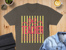 Load image into Gallery viewer, Gray t-shirt with pink bow and "Teacher" text, surrounded by yellow stripes.
