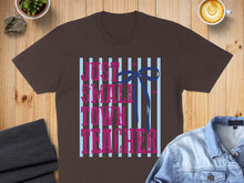 Load image into Gallery viewer, Brown t-shirt with "Just a Small Town Teacher" text and blue stripes.